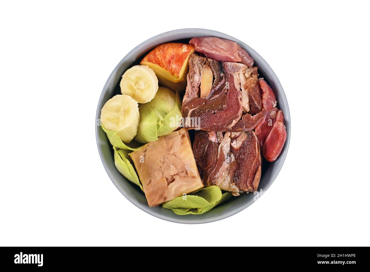 Ciotola per cani con specie di cibo crudo appropriato come pezzi di carne cruda, pesce, verdure e frutta su sfondo bianco Foto Stock