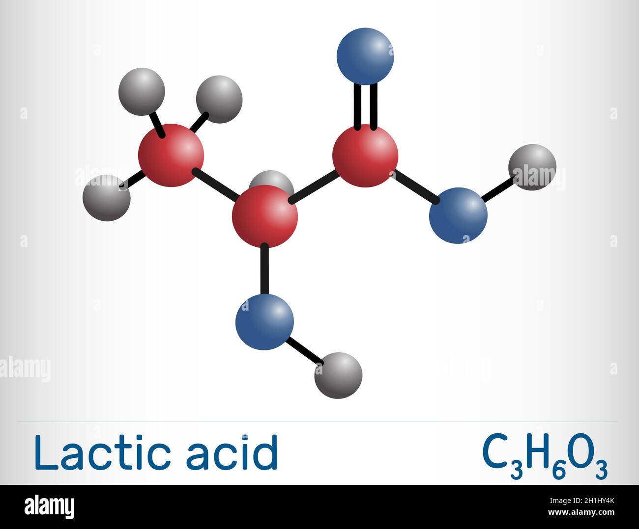 Acido lattico, lattato, zucchero del latte, molecola C3H6O3. È l'additivo alimentare E270 e alfa idrossi acido AHA. Modello di molecola. Illustrazione vettoriale Illustrazione Vettoriale