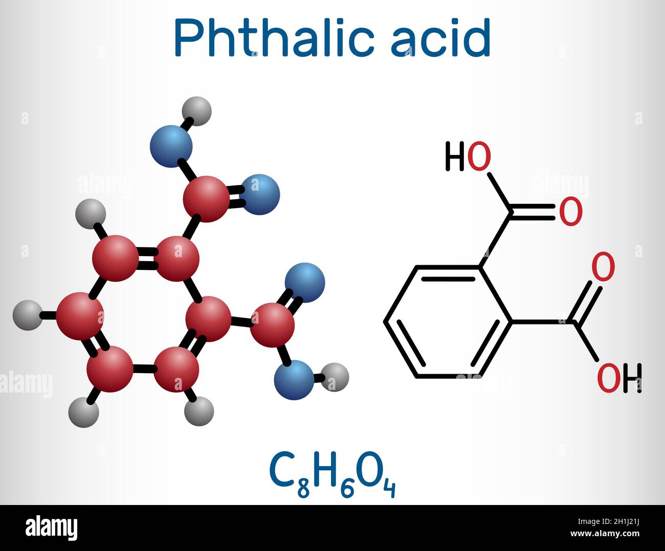 Acido ftalico, molecola di acido benzendicarbossilico. È acido dicarbossilico aromatico. Formula chimica strutturale e modello molecolare Illustrazione Vettoriale