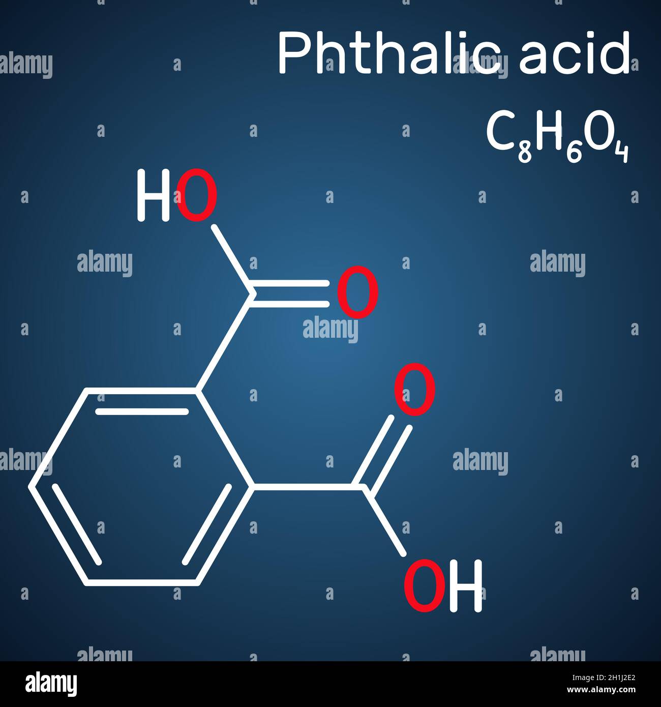 Acido ftalico, molecola di acido benzendicarbossilico. È acido dicarbossilico aromatico. Formula chimica strutturale su sfondo blu scuro. Vettore il Illustrazione Vettoriale