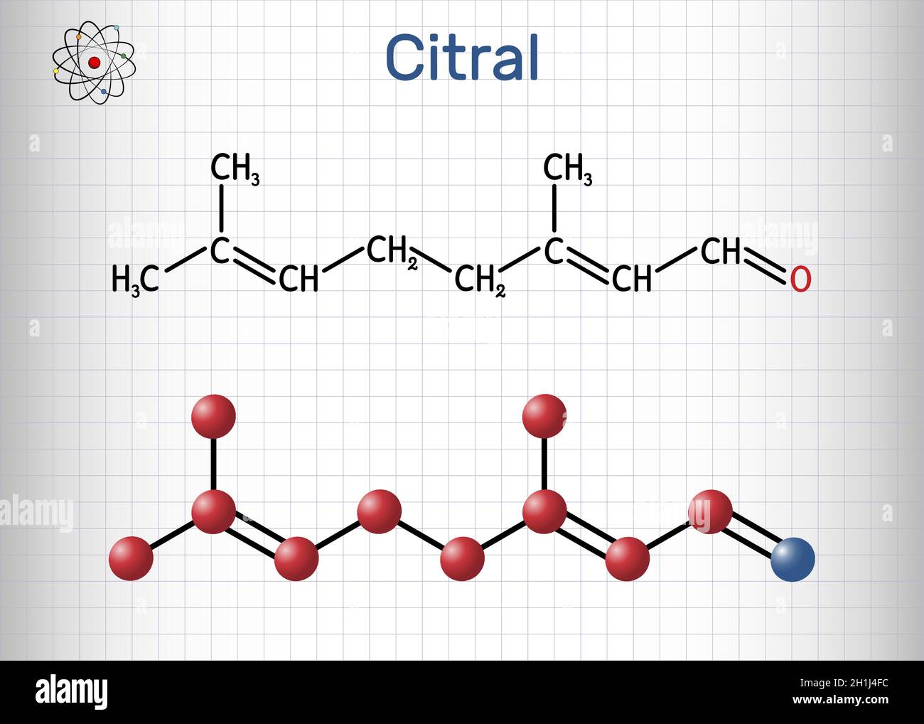 Molecola citrale, limonale, geraniale. Un componente di olio volatile, usato per produrre altre sostanze chimiche. Formula chimica strutturale e modello molecolare. Foglio di p Illustrazione Vettoriale