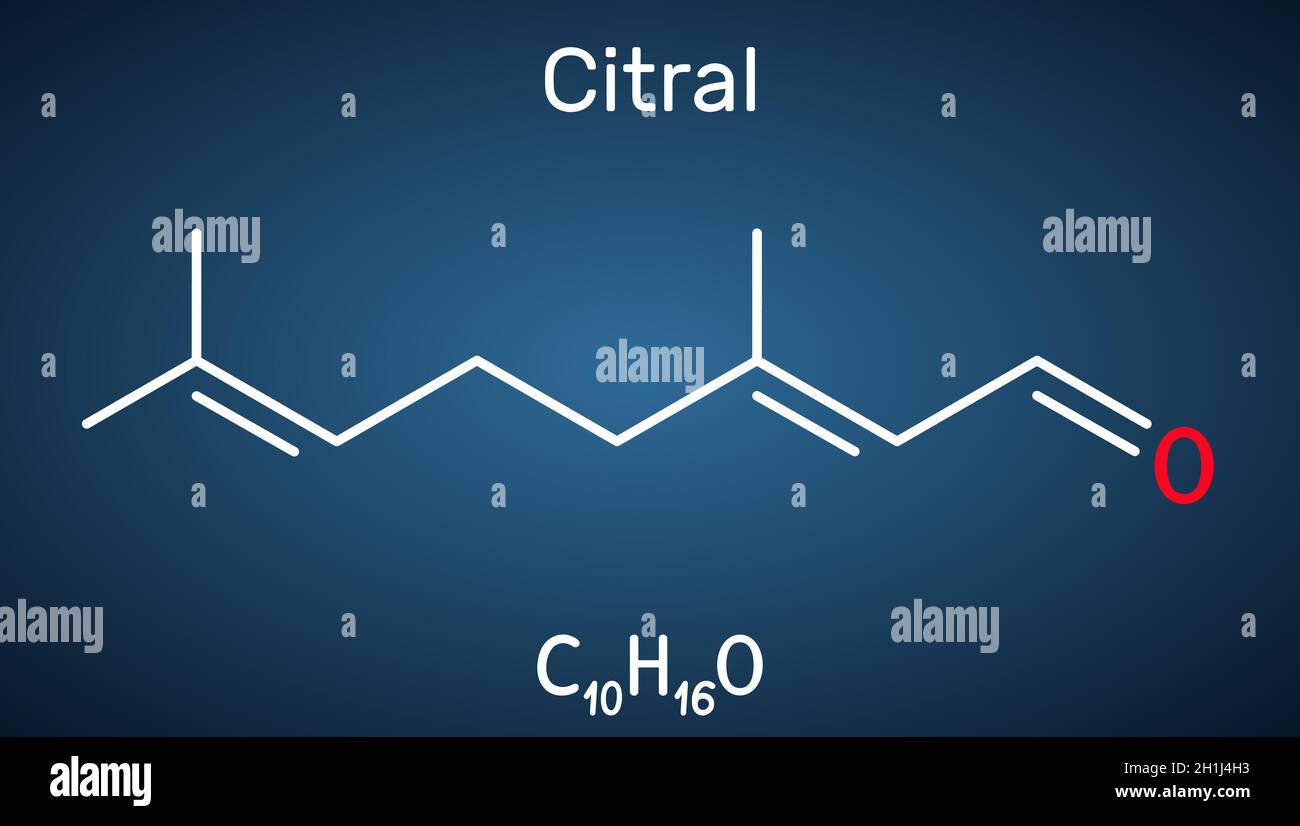 Molecola citrale, limonale, geraniale. Un componente di olio volatile, usato per produrre altre sostanze chimiche. Formula chimica scheletrica su sfondo blu scuro Illustrazione Vettoriale