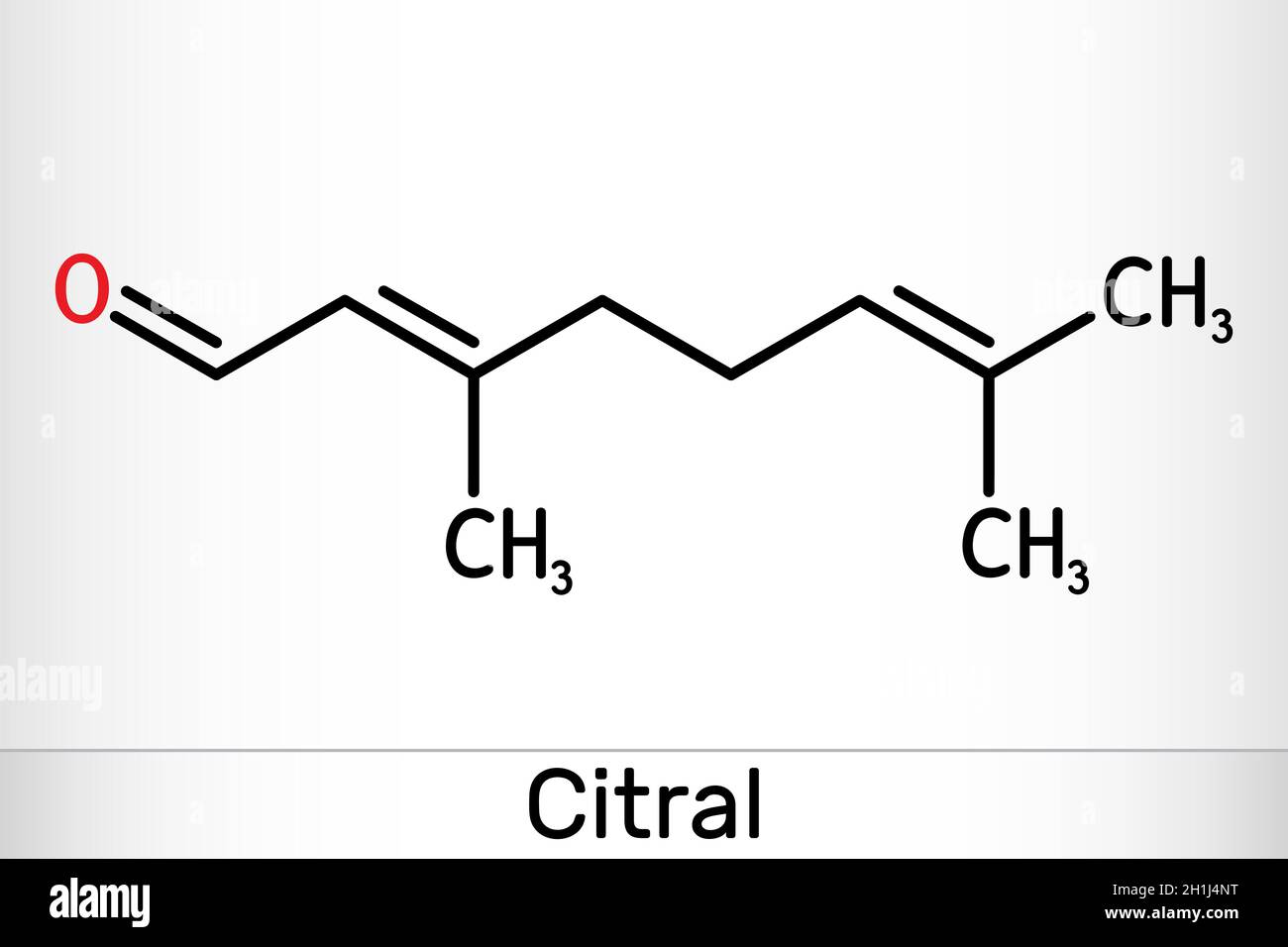 Molecola citrale, limonale, geraniale. Un componente di olio volatile, usato per produrre altre sostanze chimiche. Formula chimica scheletrica. Illustrazione vettoriale Illustrazione Vettoriale