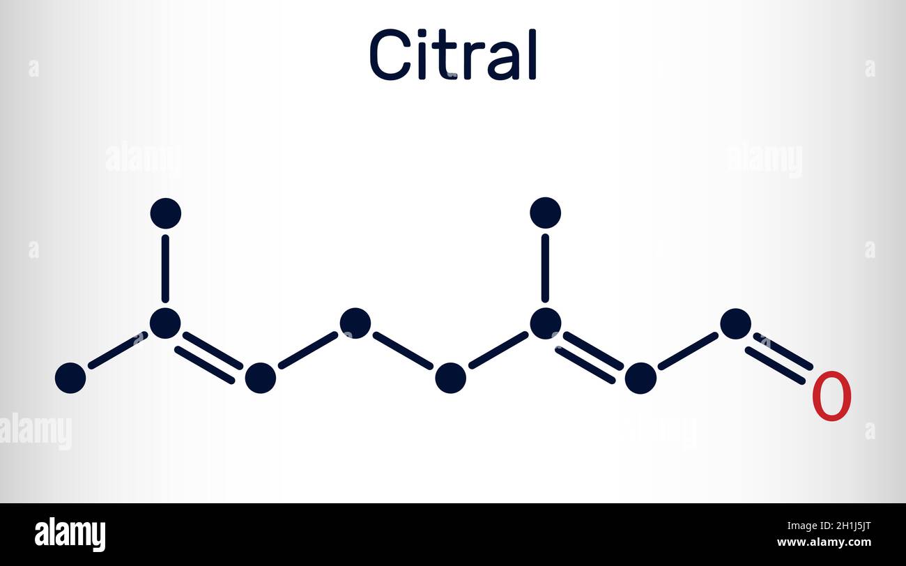 Molecola citrale, limonale, geraniale. Un componente di olio volatile, usato per produrre altre sostanze chimiche. Formula chimica scheletrica. Illustrazione vettoriale Illustrazione Vettoriale