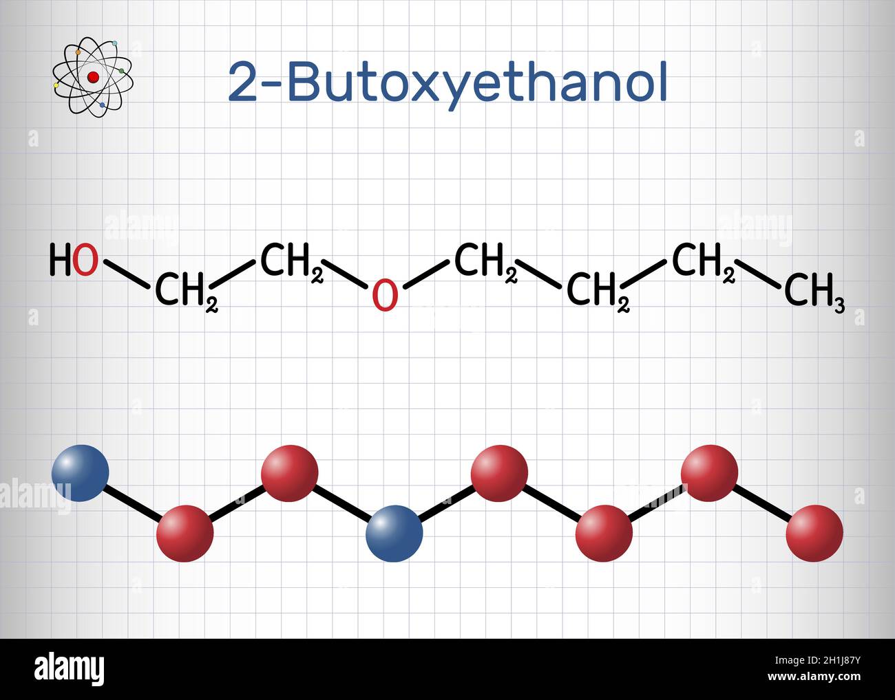 2-butossietanolo, molecola di butossietanolo. Si tratta di alcol primario e di etere. Usato come solvente e per fare vernici e vernici. Chimico strutturale Illustrazione Vettoriale