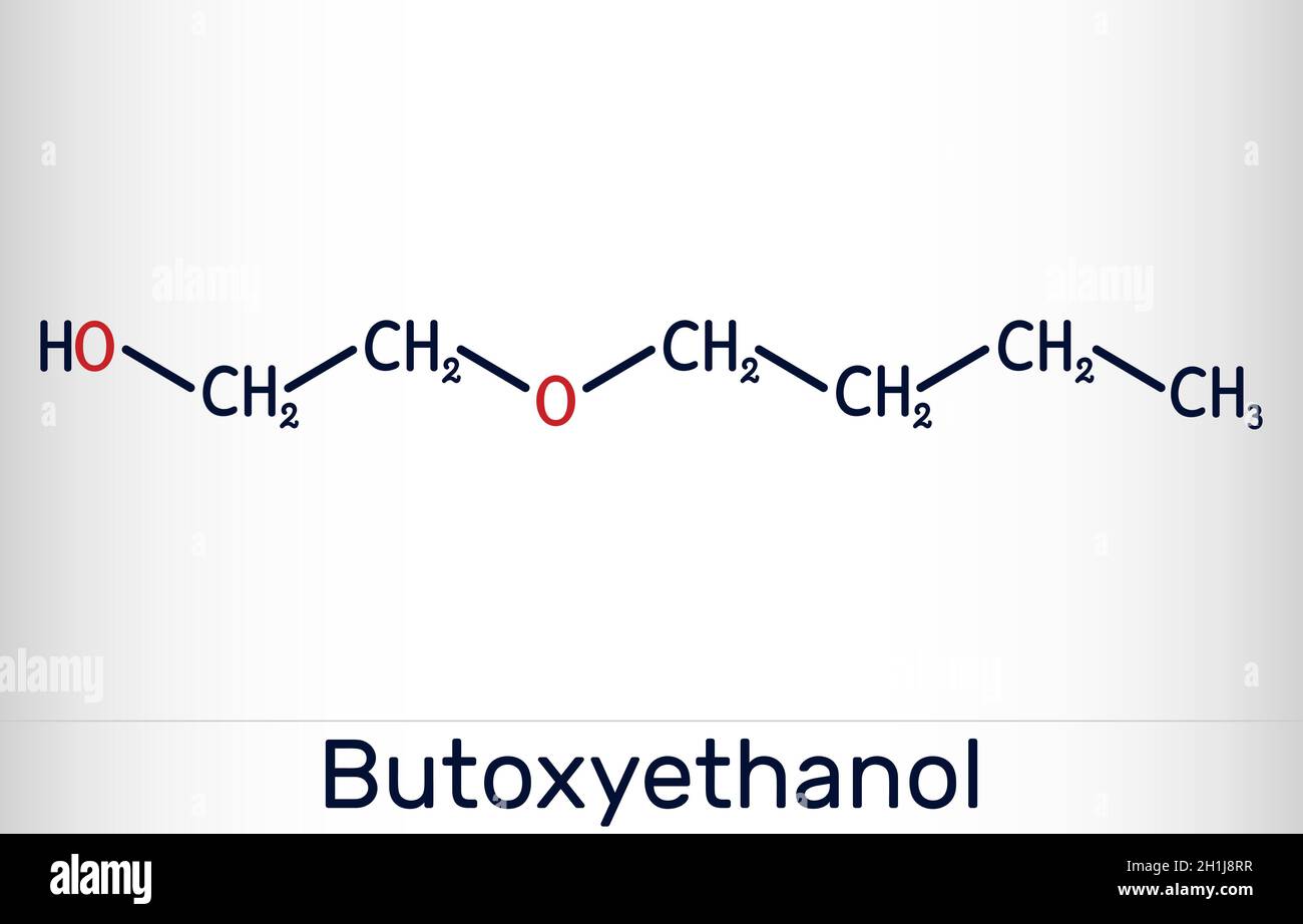 2-butossietanolo, molecola di butossietanolo. Si tratta di alcol primario e di etere. Usato come solvente e per fare vernici e vernici. Formula chimica scheletrica Illustrazione Vettoriale