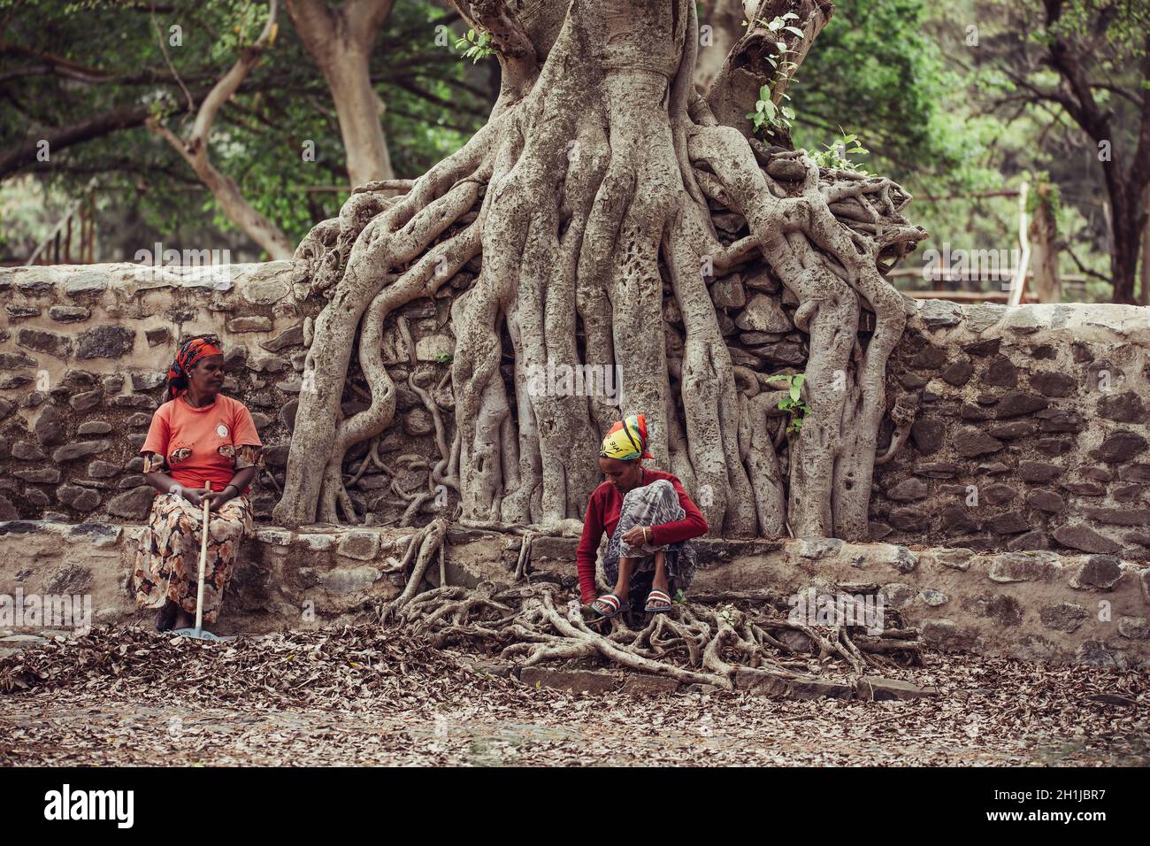 GONDAR, ETIOPIA, 22.2019 APRILE, le donne etiopi pulire il parco in Fasil IDES Bath, regno piscina. Gondar, Etiopia, aprile 22. 2019 Foto Stock