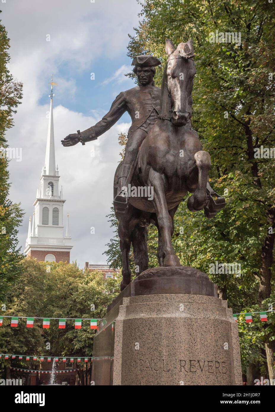 La statua di Cyrus Edwin Dallin della statua di Paul Revere nel North End di Boston Foto Stock