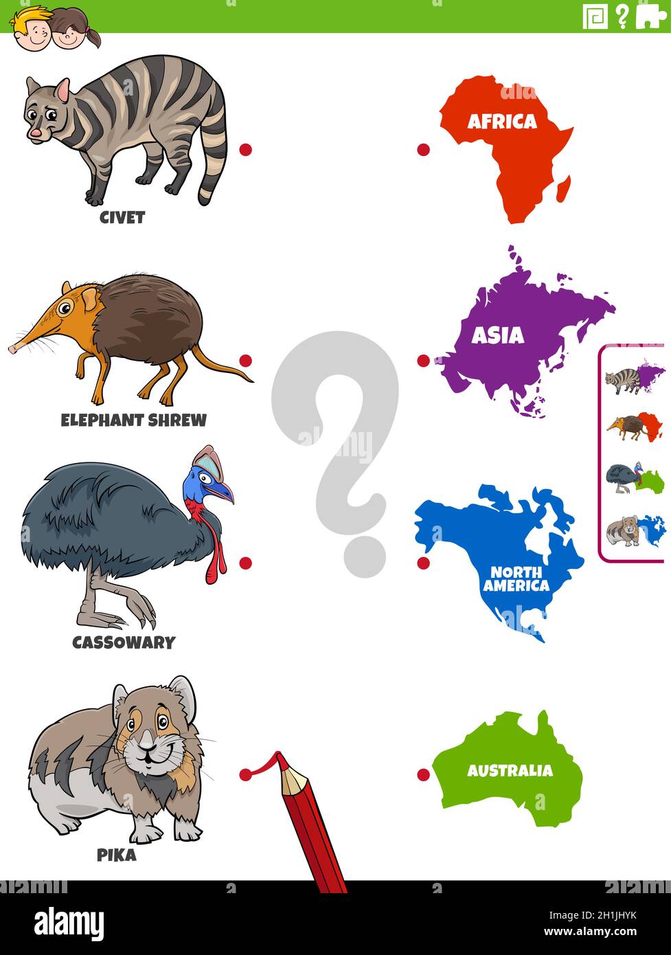 Illustrazione cartoon di gioco educativo di corrispondenza per i bambini con animale caratteri di specie e continenti Illustrazione Vettoriale