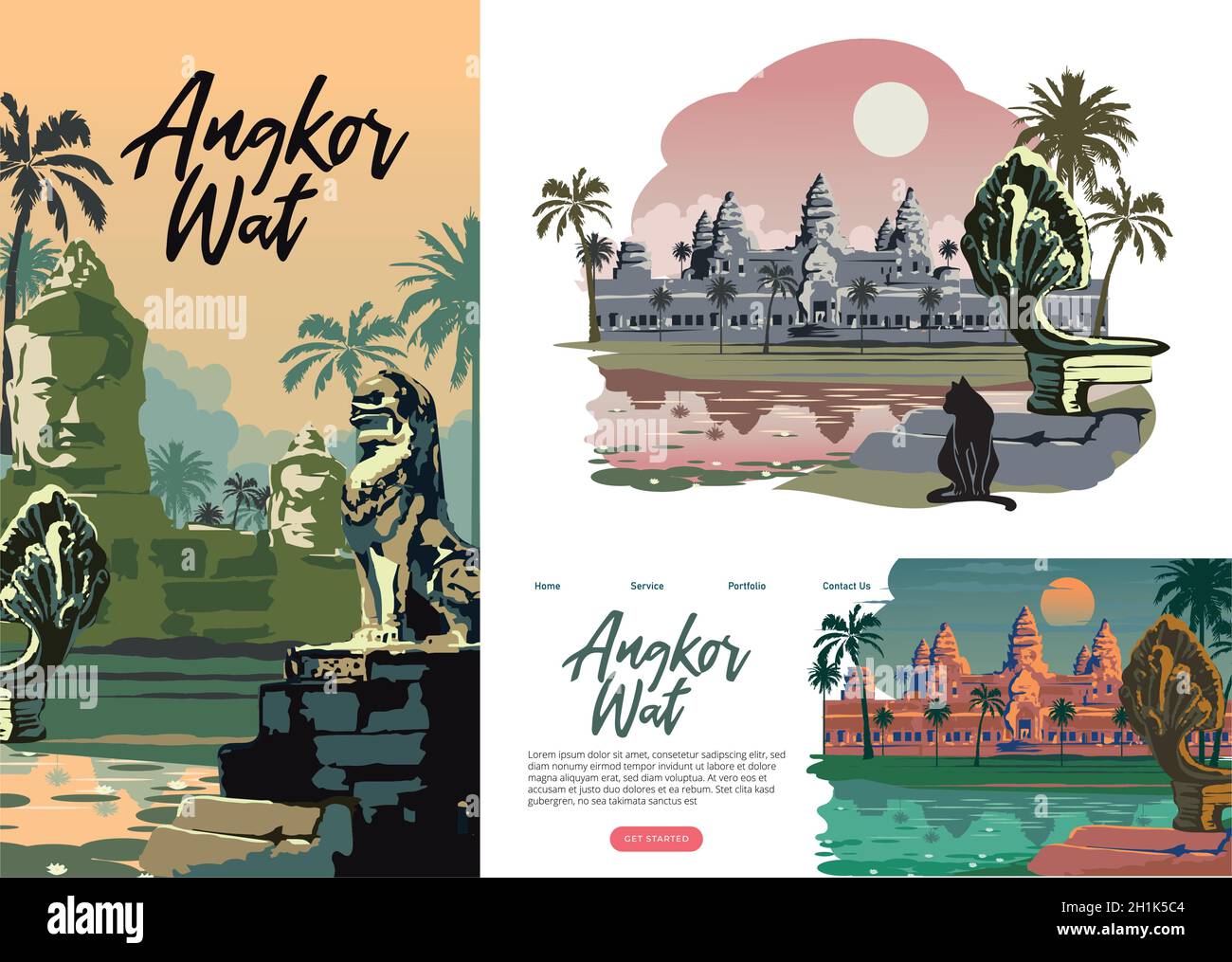 Set di opuscoli sui siti storici di viaggio. Angkor Wat Cambogia volantino, rivista, poster, libro, modello banner Illustrazione Vettoriale
