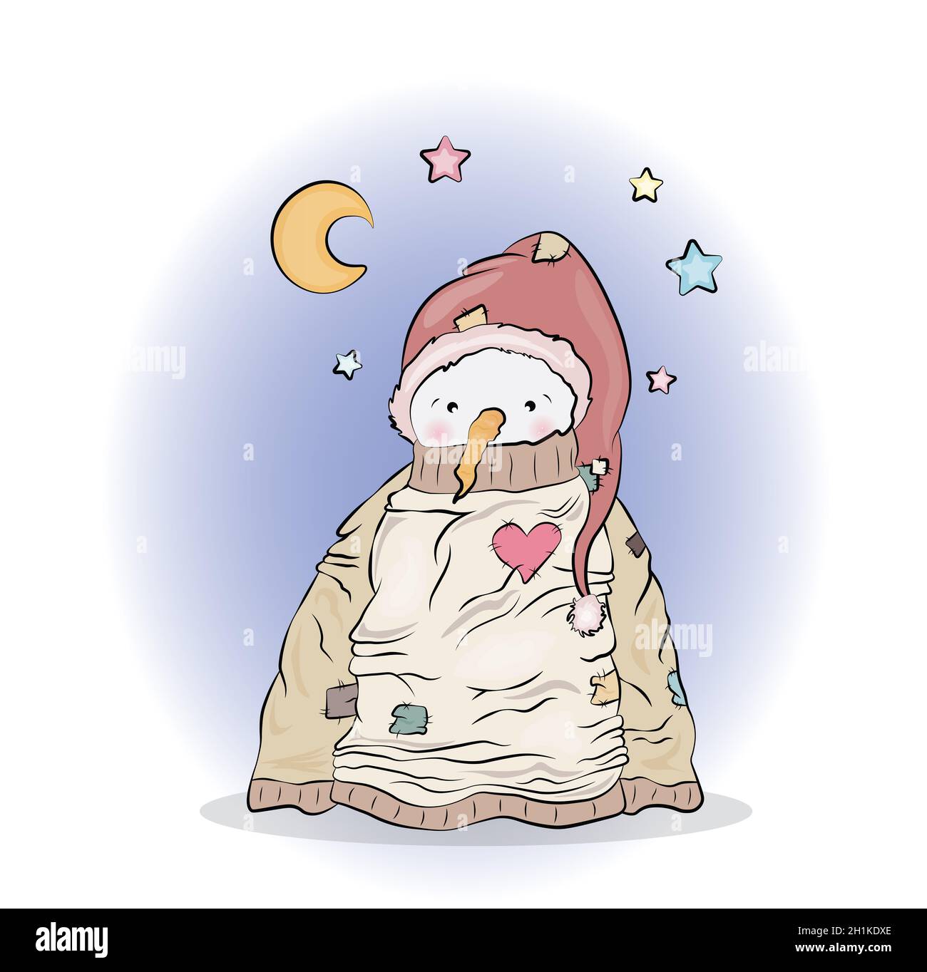 Carino pupazzo di neve in grandi cavalletti maglione nella figura notturna isolato su bianco Foto Stock