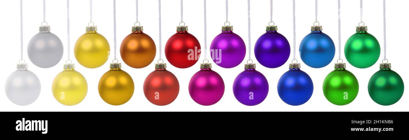 Palle di Natale collezione di baubles banner decorazione ornamenti appesi isolato su uno sfondo bianco Foto Stock