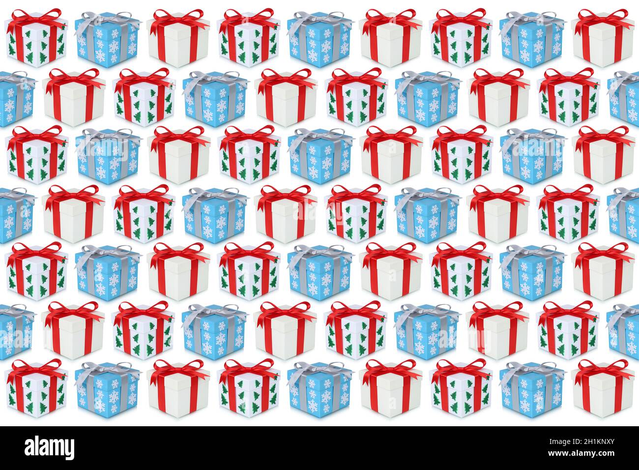 Regali di Natale scatola regalo sfondo presente molti presenta isolato sulla decorazione bianca Foto Stock