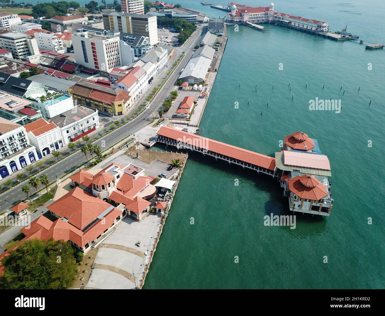 Georgetown, Penang/Malaysia - Mar 21 2020: Vista aerea, nessuna auto al molo di Church Street durante l'ordine di controllo del movimento a causa di Coronavirus. Foto Stock