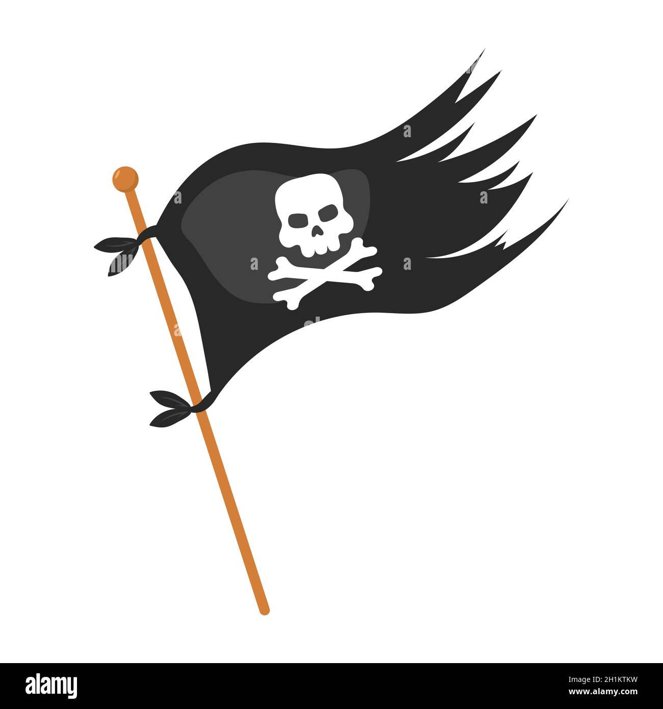 Bandiera dei pirati con cranio. Oggetti in costume di Carnevale. Festa avventura. Icona della pirateria isolata su sfondo bianco. Illustrazione vettoriale in stile cartoon piatto Illustrazione Vettoriale