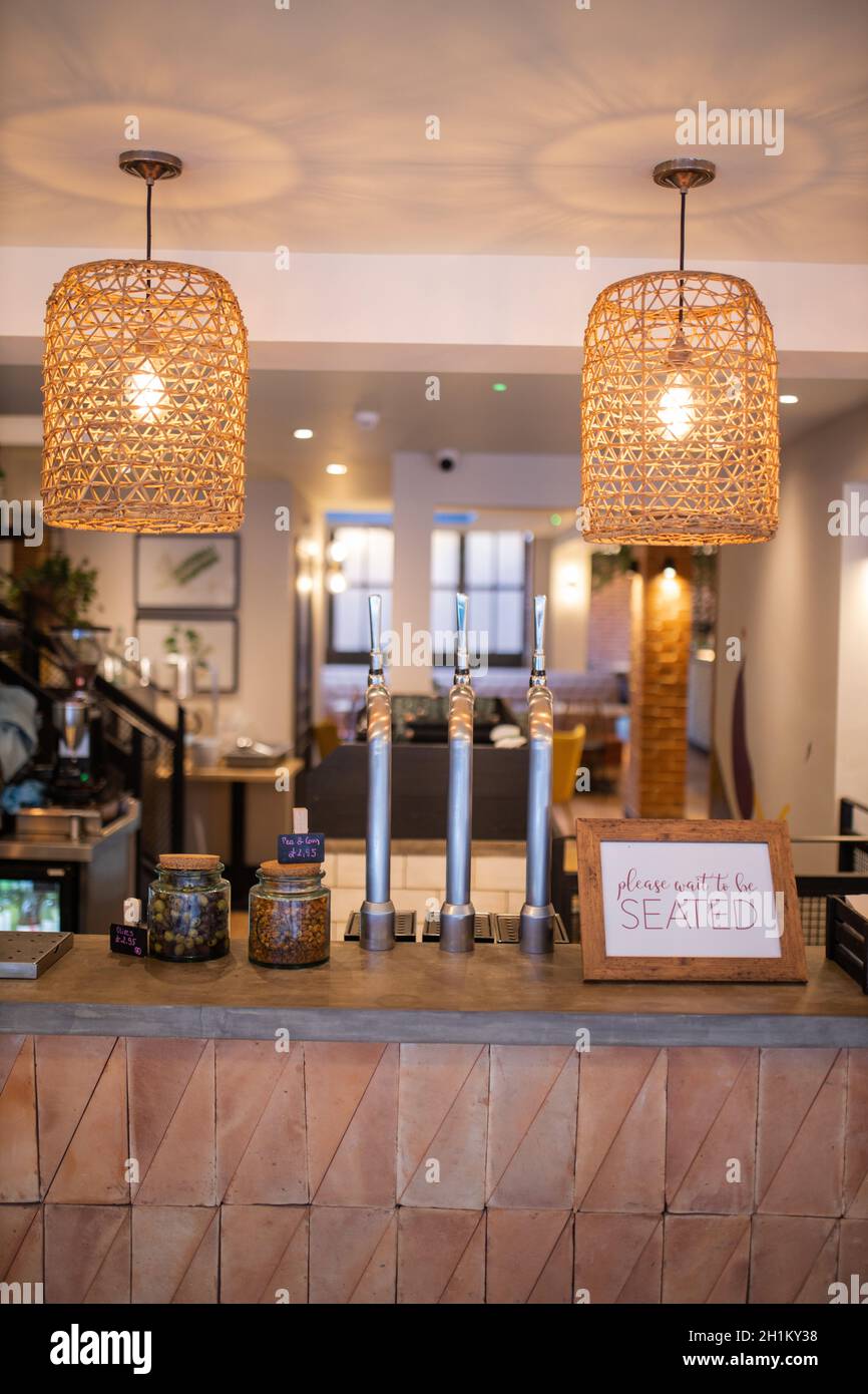 Ritratto in stile immagine di due lampade artigianali appesi sopra un bancone di legno con vasi e un segno su di esso, e l'interno di un ristorante vegano come b Foto Stock
