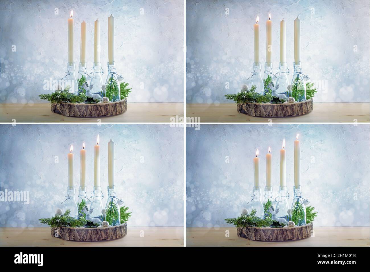 Serie di quattro immagini con candele bianche dal primo al quarto Avvento, bottiglie di vetro come portacandele e decorazione di Natale contro un lig Foto Stock