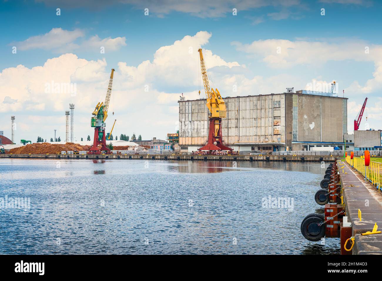 Carico, porto industriale e porto di Szczecin con pile di timer, gru a banchina e macchinari industriali. Pomerania occidentale, Polonia Foto Stock