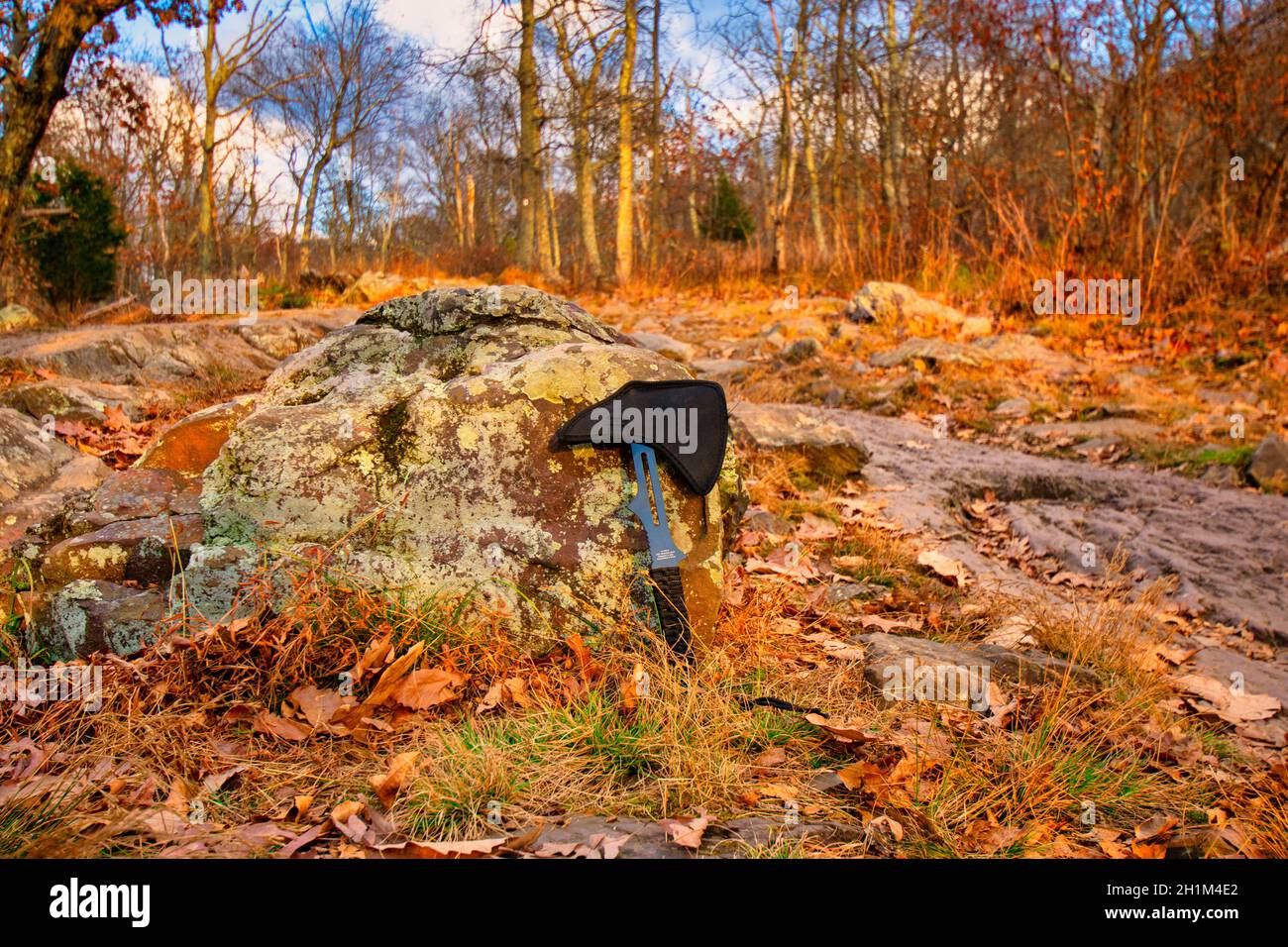 Un piccolo lancio Ax che pende su una roccia in un Campo autunnale Foto Stock