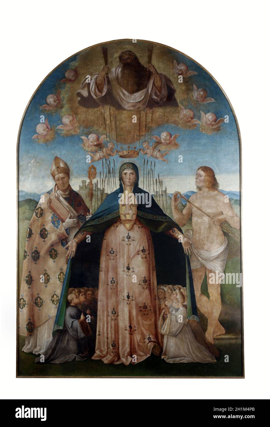 Benedetto Diana: Madonna Aiuto dei cristiani con San Luigi di Tolosa e San Sebastiano, pala d'altare nella chiesa francescana di Poljud, Spalato, Cr Foto Stock