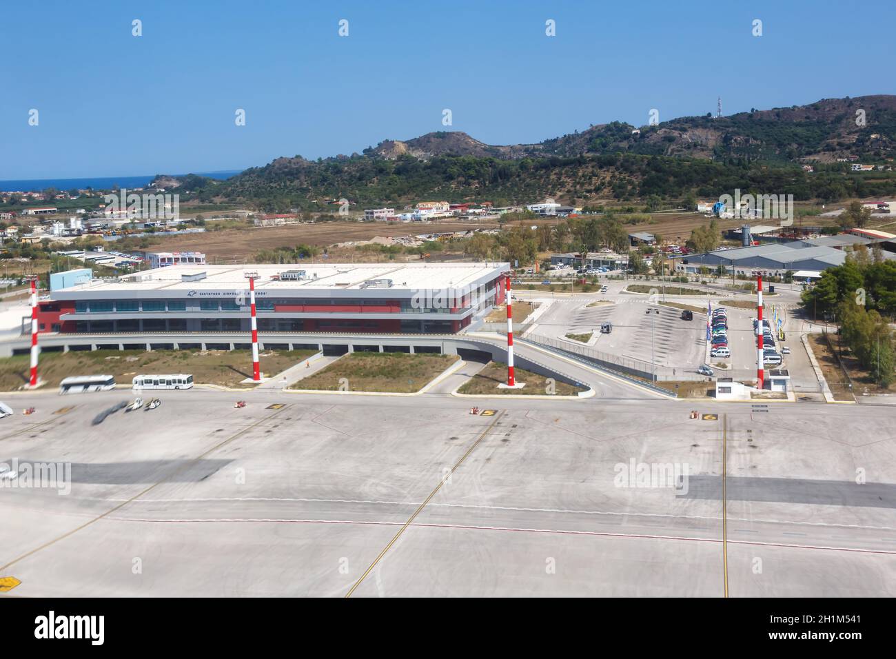Zante, Grecia - 21 settembre 2020: Terminal building fotografia aerea dell'aeroporto di Zante in Grecia. Foto Stock