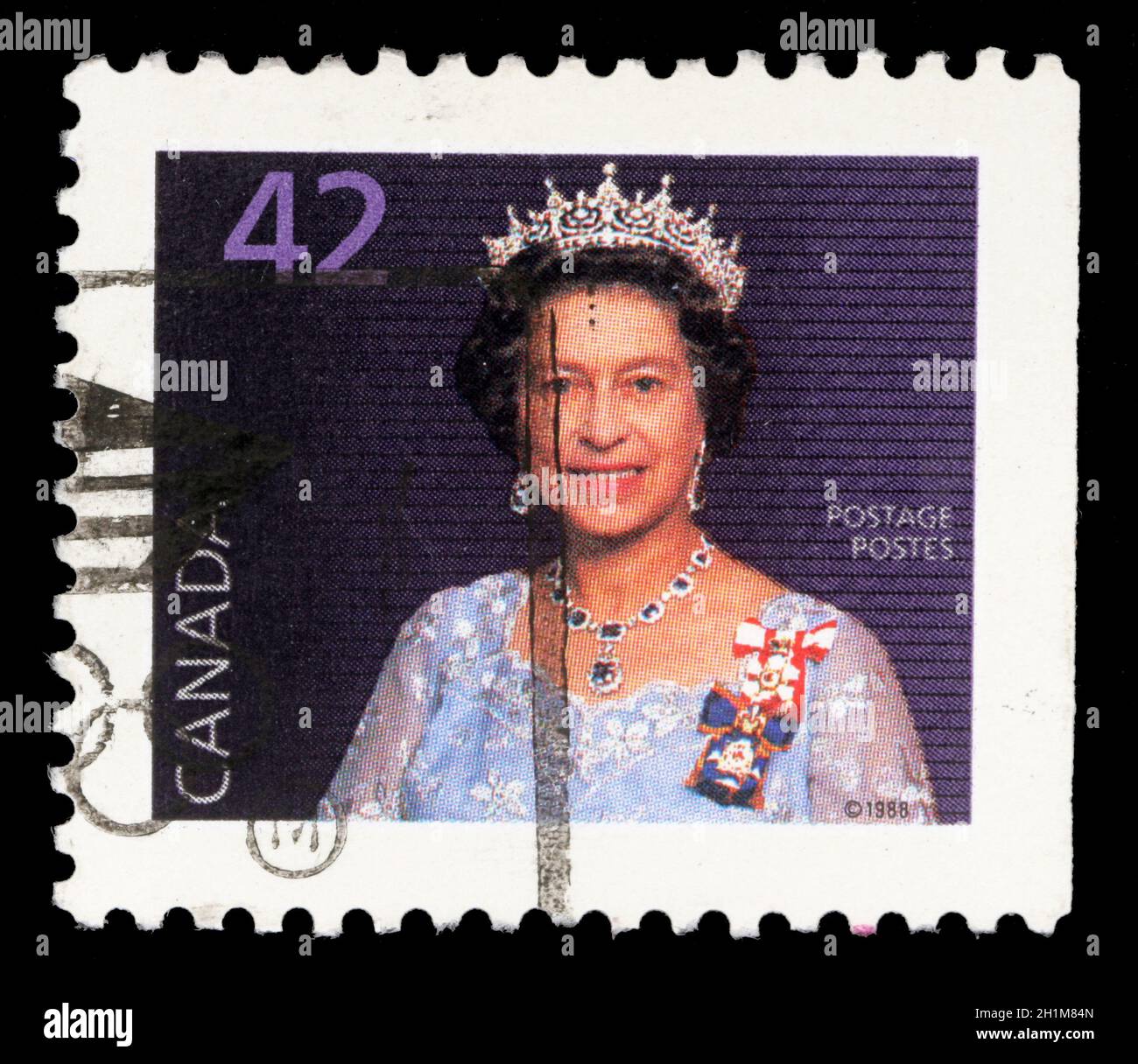 Il francobollo stampato in Canada mostra la regina Elisabetta II, circa 1988 Foto Stock