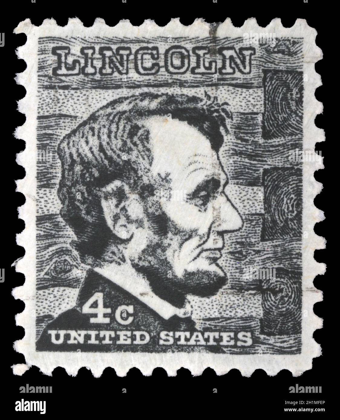 Francobollo mostra ritratto di immagine di Abraham Lincoln il 16 ° presidente degli Stati Uniti d'America, circa 1965. Foto Stock