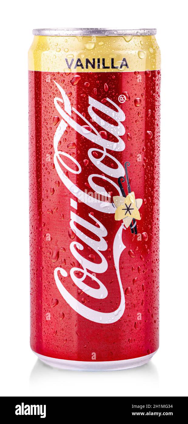 KAMCHATKA, RUSSIA - 23 APRILE 2020: Coca Cola Vanilla, lattina di Coca Cola Vanilla, Closeup di lattina di alluminio di Coca-Cola Vanilla con gocce prodotte da t Foto Stock