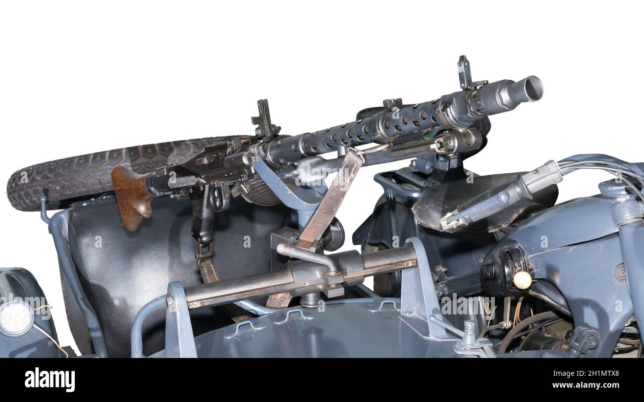 Il tedesco mitragliatrice MG-34/42, montato sul motociclo -è isolato sul bianco Foto Stock