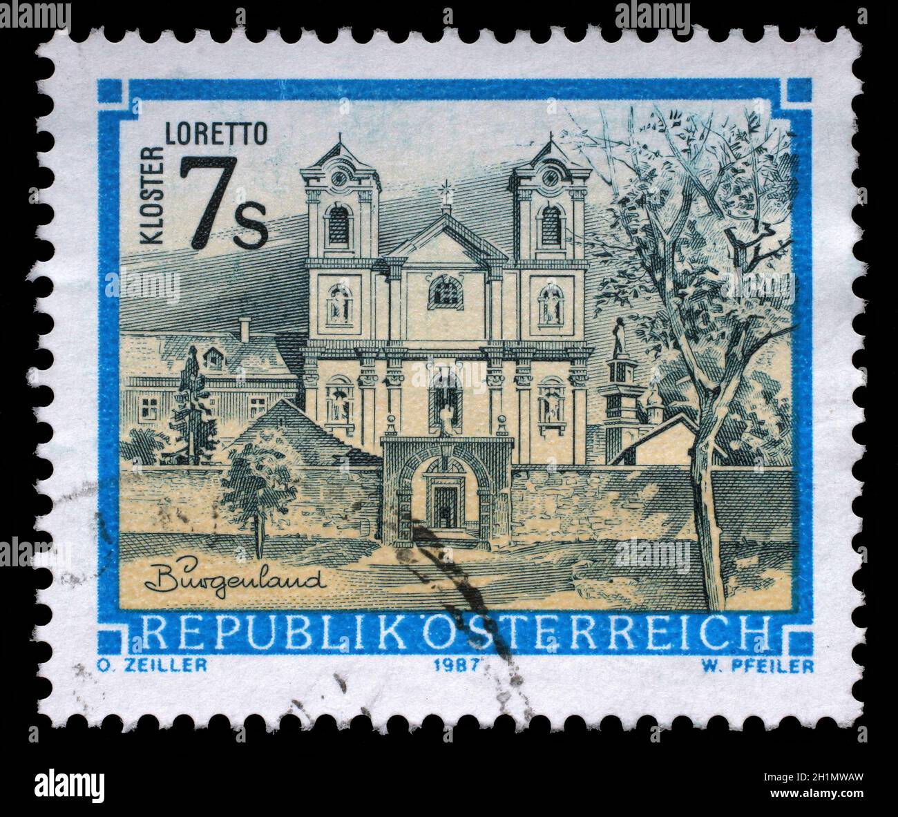 Timbro stampato da Austria, mostra Loretto monastero nel Burgenland, circa 1987 Foto Stock