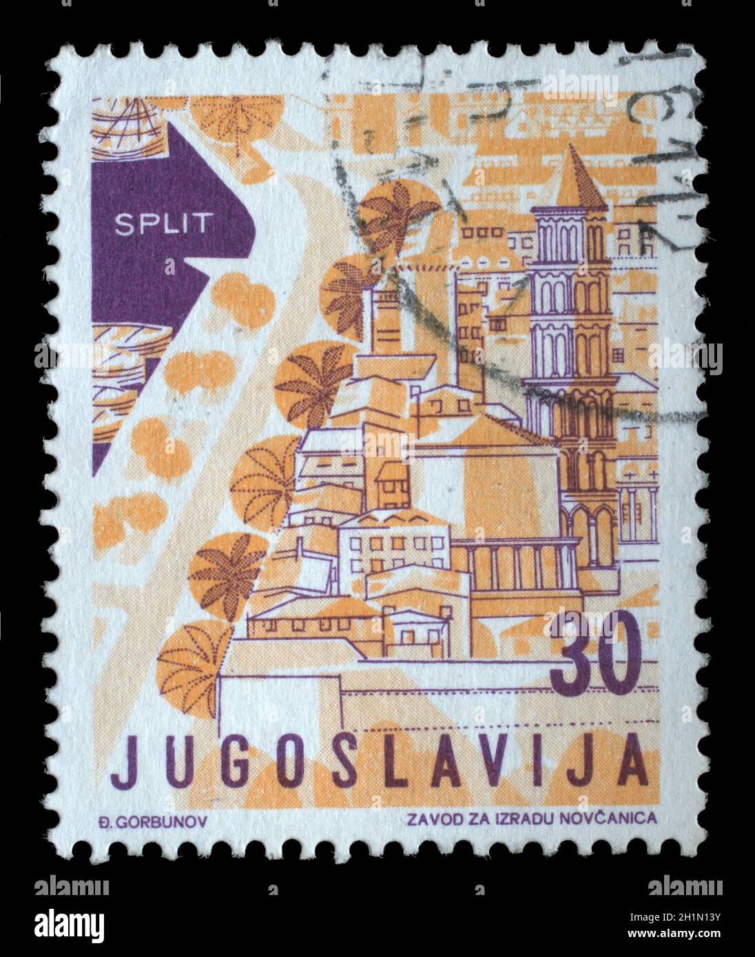 Timbro stampato in Iugoslavia dal turismo locale problema mostra Split, Croazia, circa 1959. Foto Stock