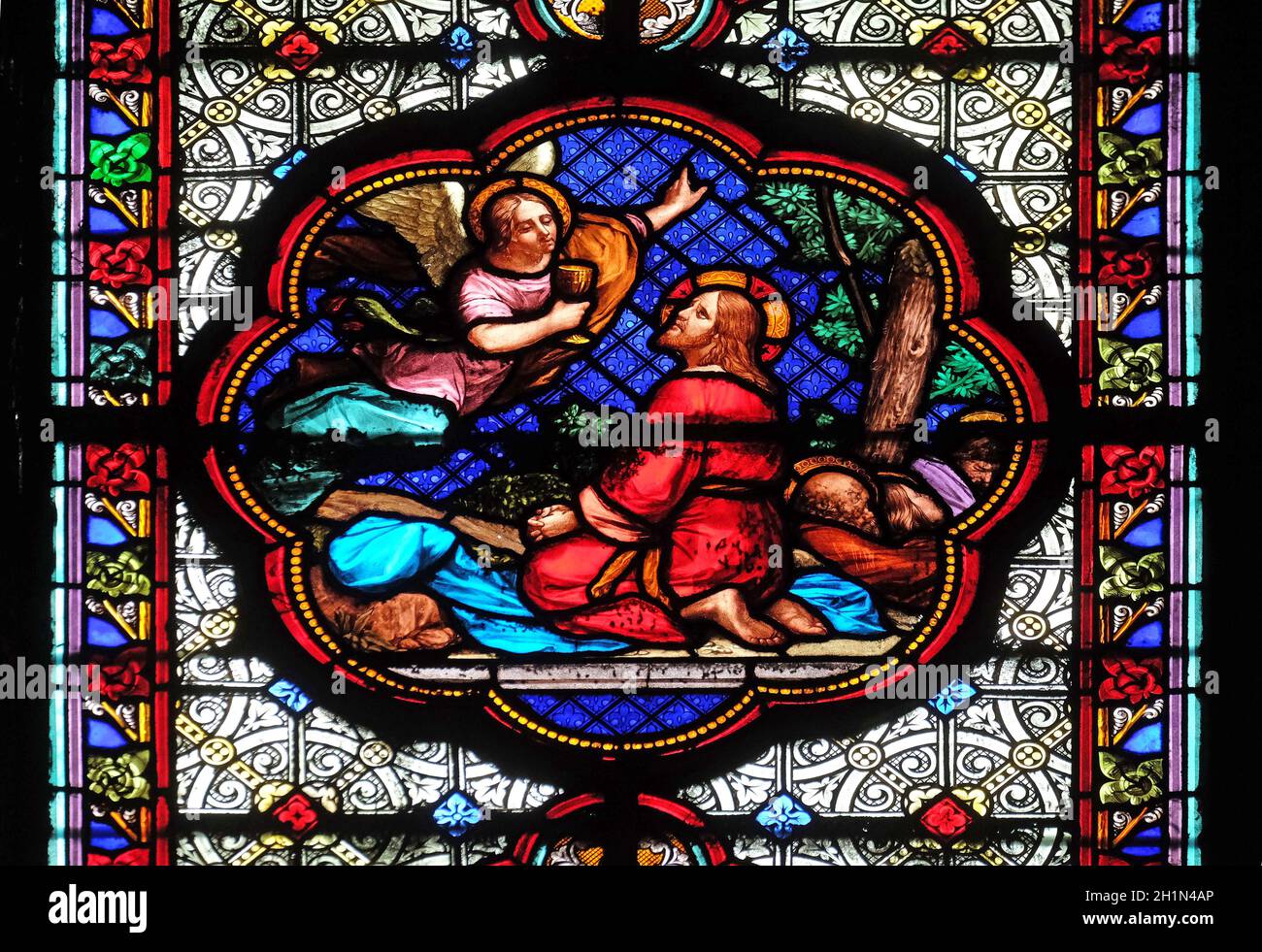 Agonia nel giardino, Gesù nell Orto degli Ulivi, finestra di vetro colorato nella Basilica di Santa Clotilde a Parigi, Francia Foto Stock