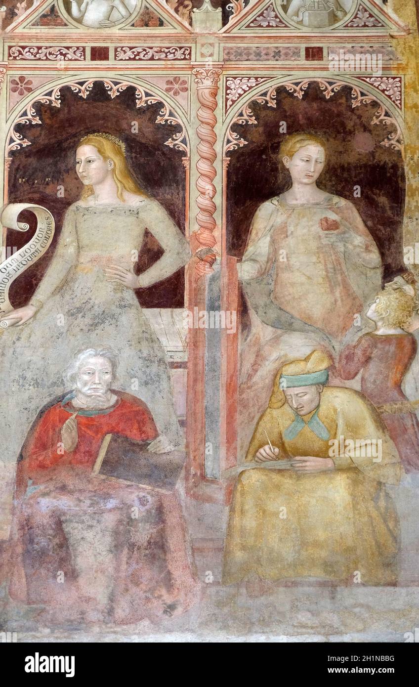 Rhetoric-Cicero, Grammar-Priscian, scienze sacre e arti liberali, dettaglio del trionfo di San Tommaso d Aquino, affresco di Andrea di Buonaiuto, Spani Foto Stock