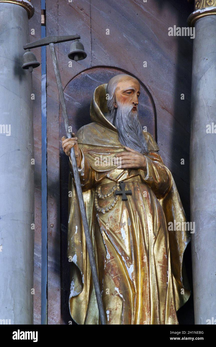 Sant'Antonio l'Eremita, statua sull'altare di Sant'Antonio di Padova presso la chiesa di Santa Caterina d'Alessandria a Krapina, Croazia Foto Stock