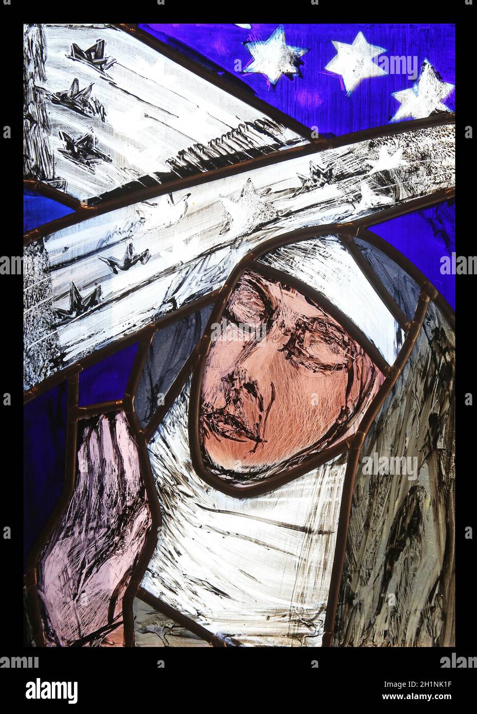 Saint Hildegard di Bingen, vetrata di Sieger Koder nell'Abbazia di Benediktbeuern, Germania Foto Stock