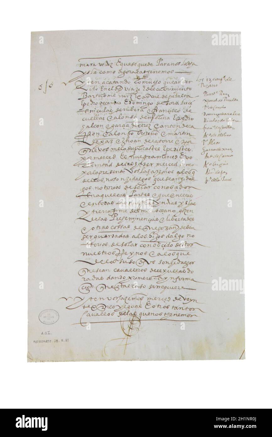 Documento contrattuale di Francisco Pizarro, Conquistatore spagnolo dell'Impero Inca. Archivio delle Indie, Siviglia, Spagna Foto Stock