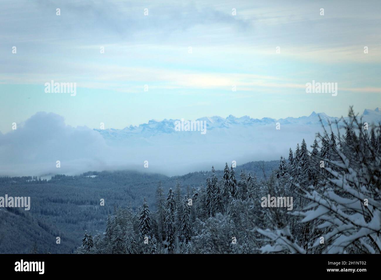 Themenbild - Wintereinbruch im Schwarzwald - Blick vom Feldberg über die Nebelschwaden des Rheintals hinüber zur Schweizer Bergwelt Foto Stock