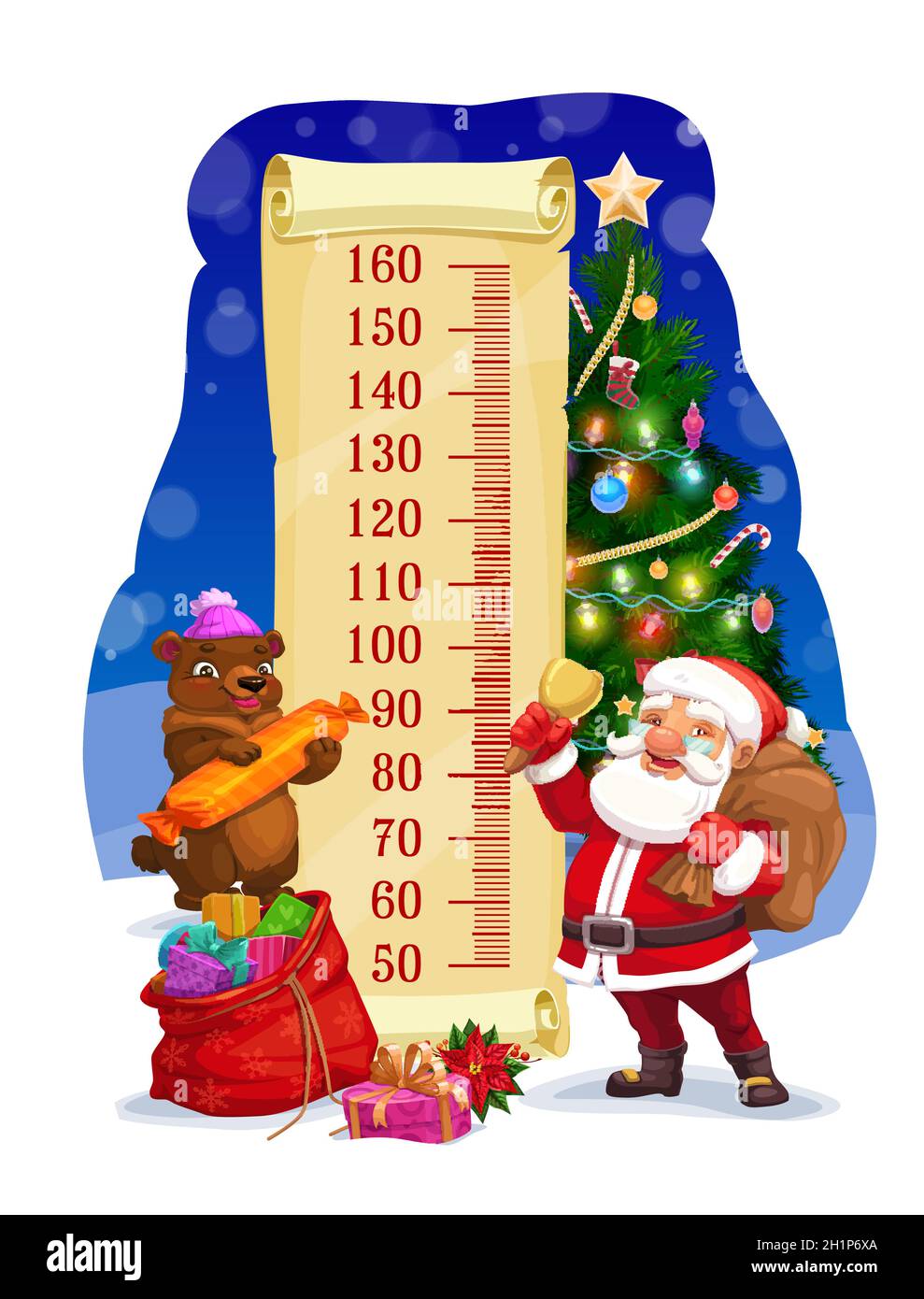 Tabella altezza bambini, Babbo Natale con misuratore di crescita borsa  regalo. Adesivo da parete vettoriale per la misurazione dell'altezza dei  bambini con personaggi cartoni animati Babbo Natale e cute Immagine e  Vettoriale -