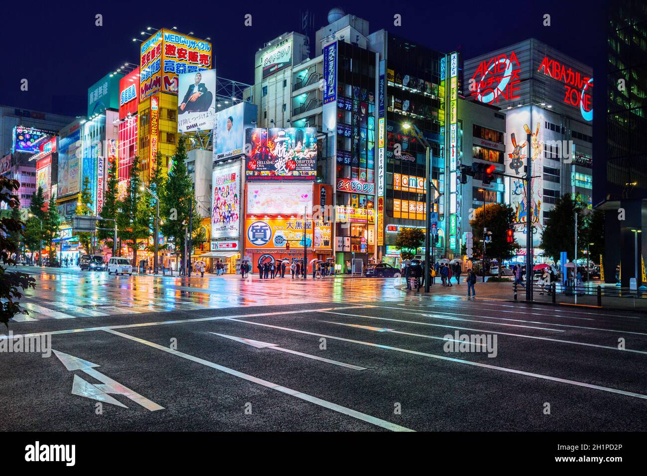 Tokyo, Giappone - 19 Novembre 2018: le luci al neon e cartelloni pubblicitari su edifici di Akihabara a notte piovosa. Akihabara è un quartiere dello shopping Foto Stock