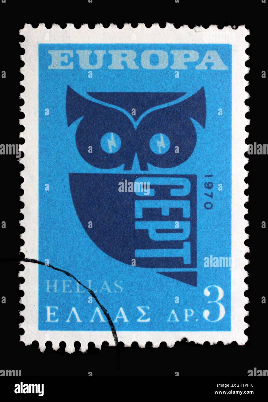 Il francobollo stampato in Grecia mostra Europa/CEPT, Flaming Sun e Owl, circa 1970 Foto Stock