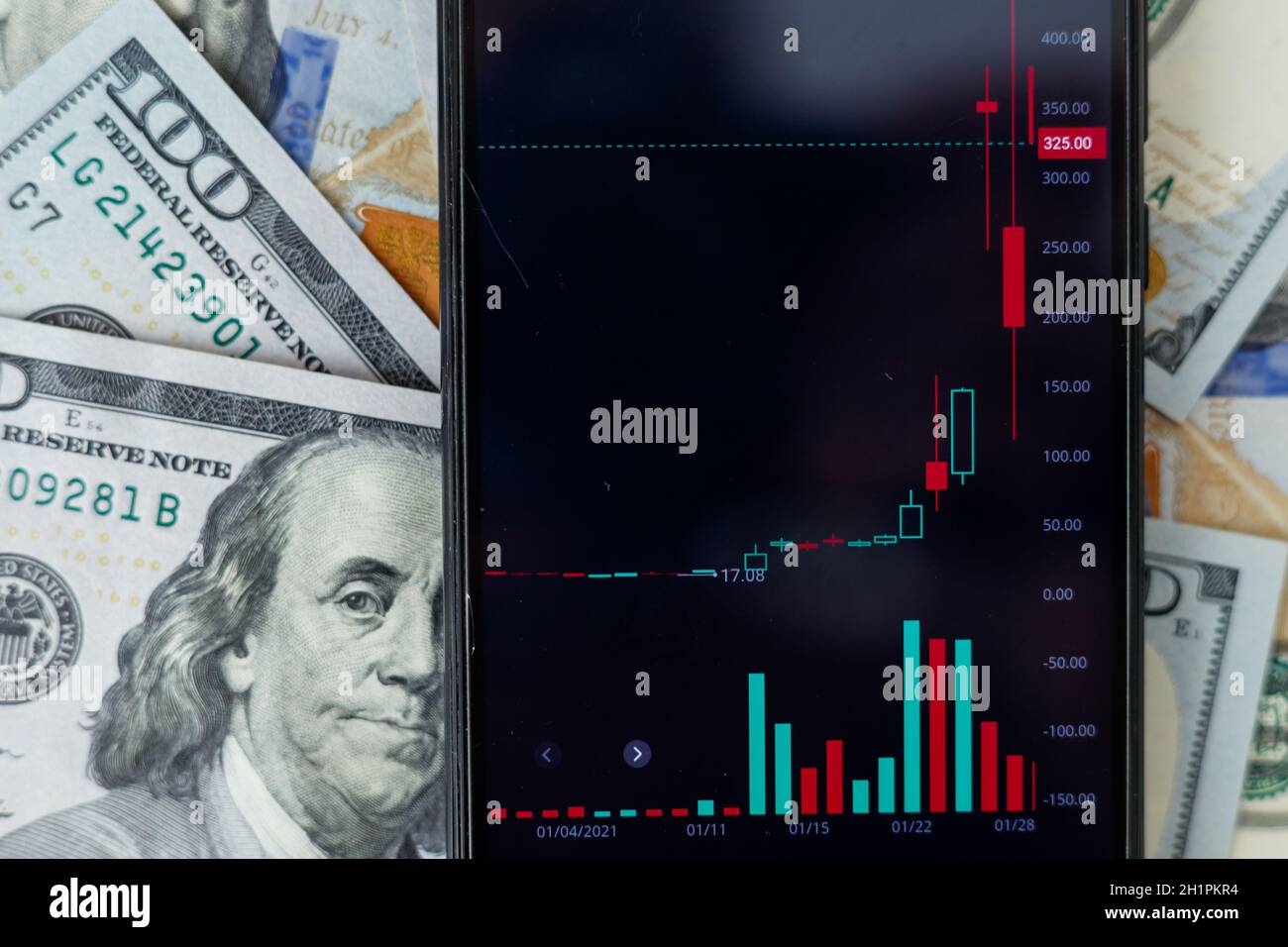 Grafico tecnico del mercato azionario su schermo di smartphone, analisi del grafico delle banconote da tavolo di negoziazione. Cartografia a stock o forex. Centinaia di dollari bollette sfondo, Foto Stock