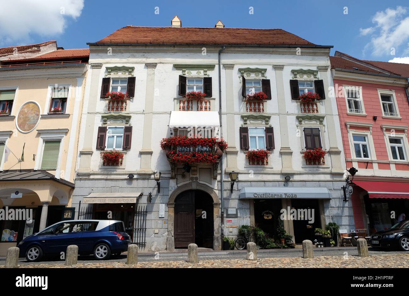 Architettura di Ptuj, città sulle rive del fiume Drava, Regione bassa Stiria, Slovenia Foto Stock