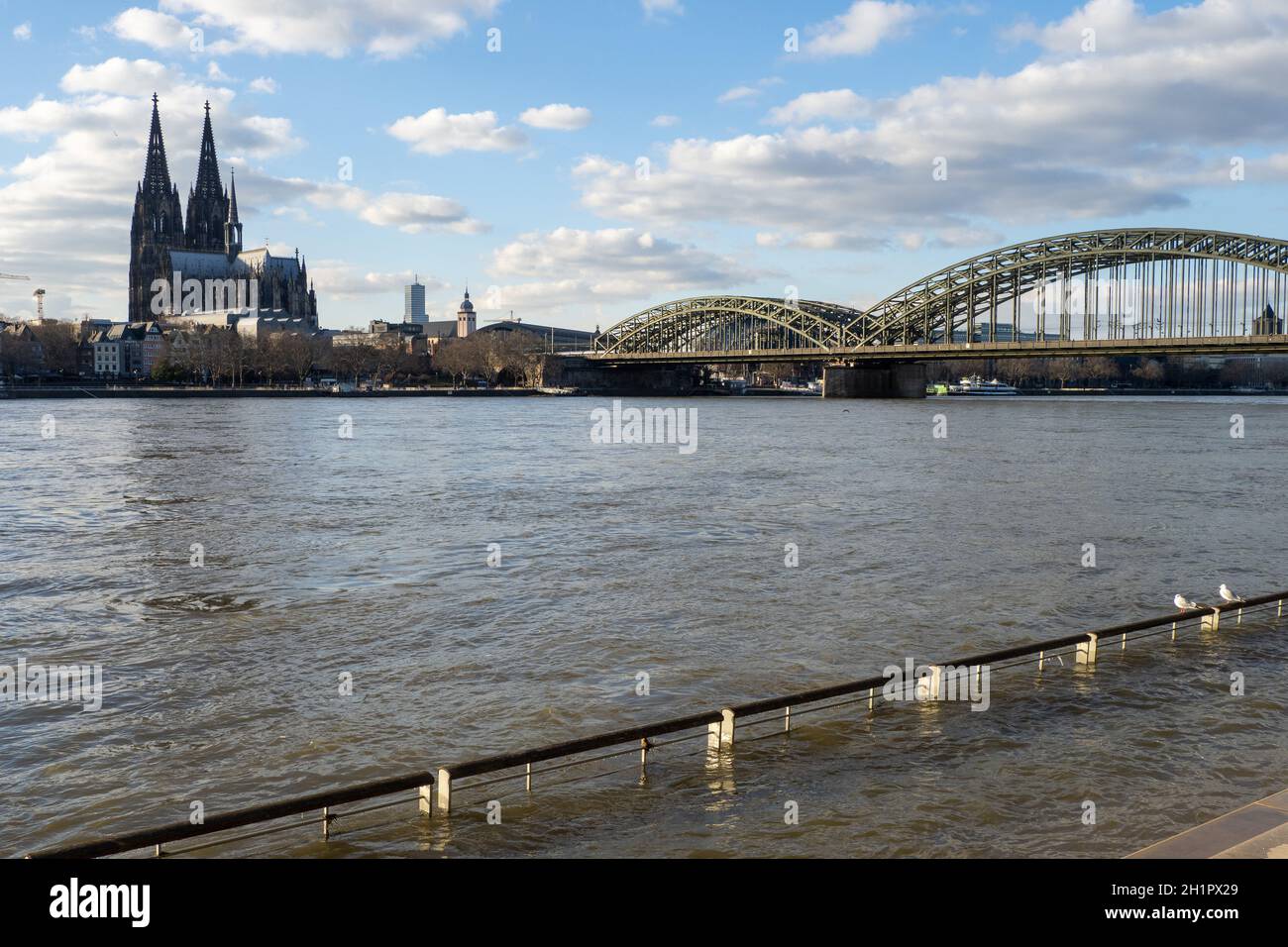 Alluvione del fiume Reno con Kölner Dom e Hohenzollernbrücke - Köln Foto Stock