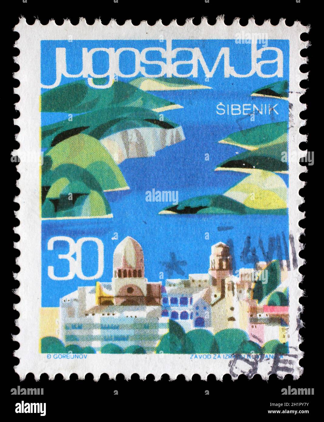 Timbro stampato in Iugoslavia dal turismo locale problema mostra Sibenik, Croazia, circa 1963. Foto Stock