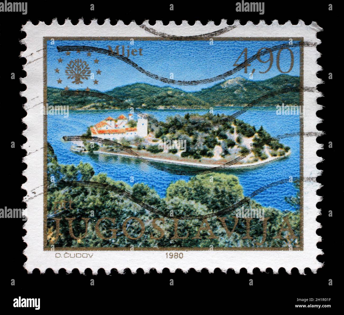Timbro stampato in Jugoslavia mostra l'isola di Mljet, mare Adriatico, Croazia, circa 1980. Foto Stock