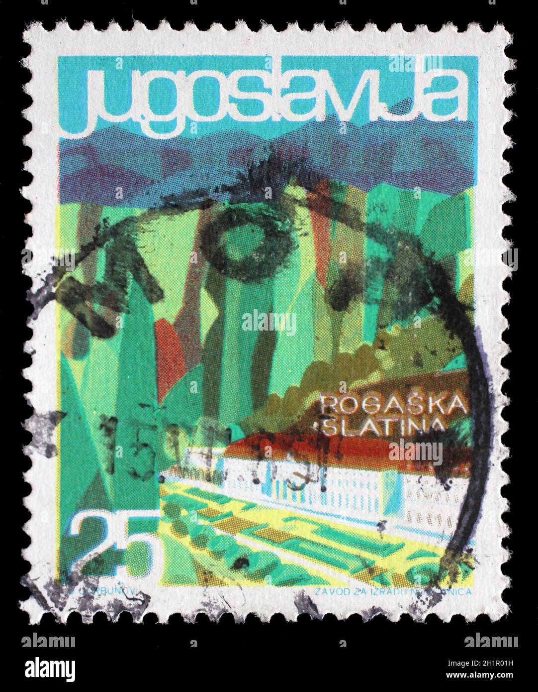 Timbro stampato in Iugoslavia dal turismo locale problema mostra Rogaska Slatina, Slovenia, circa 1963. Foto Stock