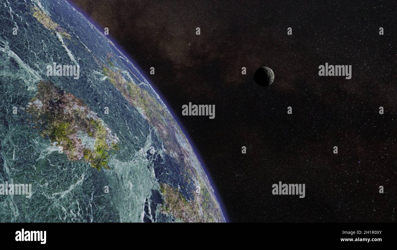 esotico pianeta alieno di fronte a una luna e un campo di stelle Foto Stock