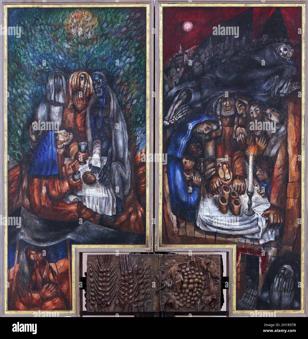 Abramo con tre stranieri, cena di Pasqua, altare maggiore di Sieger Koder nella chiesa di Santo Stefano a Wasseralfingen, Germania Foto Stock