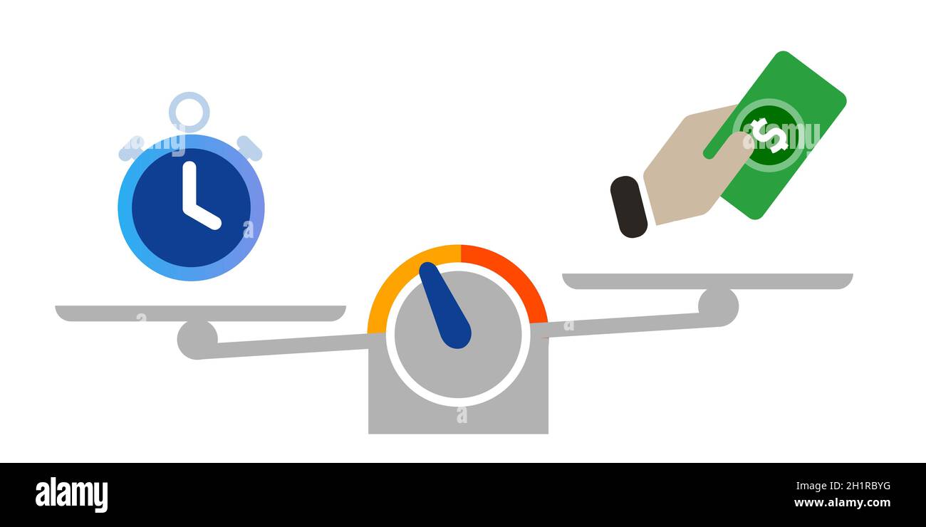 tempo vs denaro bilanciamento del lavoro e retribuzione di pagamento orologio e dollaro Illustrazione Vettoriale