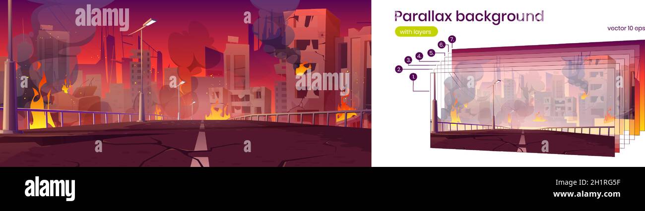 Parallasse sfondo città in fuoco, guerra distruggere, abbandonato bruciando edifici rotti e ponte 2d paesaggio urbano . Vista della distruzione della bomba dei cartoni animati con livelli separati per la scena di gioco, illustrazione dei vettori Illustrazione Vettoriale